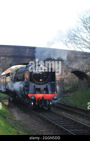 Ein großer schwarzer Dampfzug, der unter einer Brücke vorbeifährt. EIN BR 9F Stockfoto