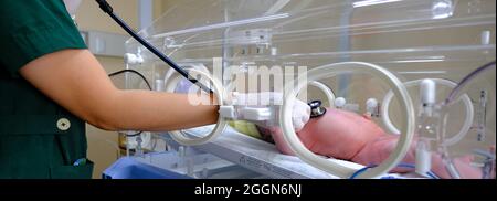 Eine Krankenschwester, die sich im Inkubator um ein Neugeborenes kümmert. Stockfoto