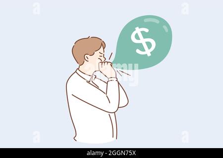 Geld verdienen, Gewinn, finanzieller Erfolg Konzept. Junger Mann Arbeiter Geschäftsmann Cartoon-Figur stehend aufblasende Blase mit Dollar Währung Zeichen Vektor Illustration Stock Vektor