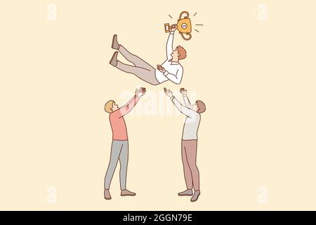 Geschäftserfolg, Führung, Teamwork-Konzept. Zwei lächelnde Geschäftsleute Cartoon-Figuren stehen setzen auf Luft Sieger Geschäftsmann erfolgreichen Führer fliegen in Luft Vektor Illustration Stock Vektor