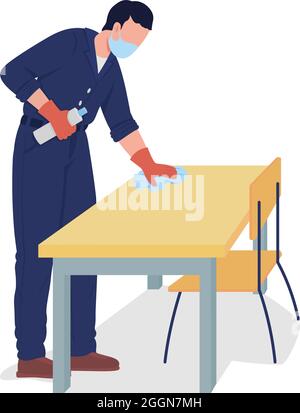 Hausmeister wischen Schreibtisch Oberfläche semi flache Farbe Vektor Charakter Stock Vektor