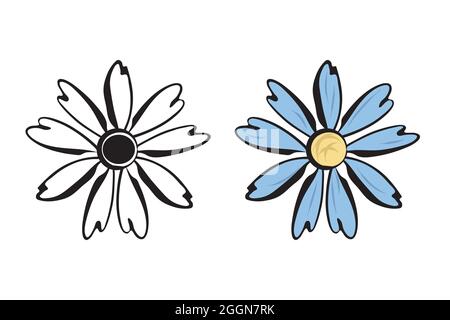 Blumen-Symbol-Set, handgezeichnete Pinselstriche. Zwei Bilder im Umrissmodus, blau-gelb, im Stil einer Doodle-Skizze. Weißer Hintergrund. Vektor Stock Vektor