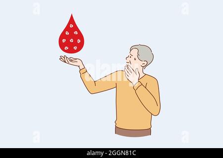 Blutspende- und Hilfekonzept. Alter kranker Mann, der großen Blutstropfen auf der Hand hält, der Kinn und den Kopf für eine wohltätige Spende berührt, Vektordarstellung Stock Vektor