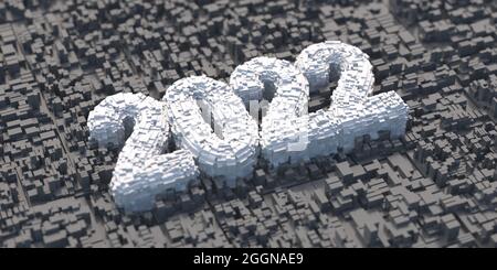 2022 Neujahr, abstrakte geometrische Greeble Cube Struktur, weiße Zahl auf dunkelgrauem Hintergrund, Luftaufnahme. 3d-Illustration Stockfoto