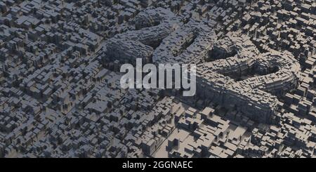 2022 Neujahr, abstrakt geometrische Stadt greeble Cube Hintergrund. Stadtgebäude futuristisches Architekturmodell, dunkelgraue Farbe, Luftaufnahme. 3d-Illust Stockfoto