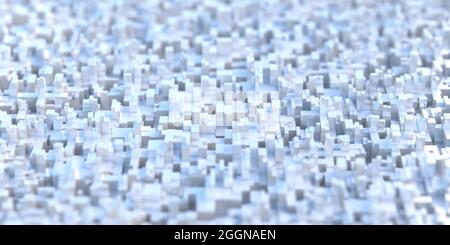 Abstrakt geometrische Stadt greeble Würfel Hintergrund. Stadtgebäude futuristisches Architekturmodell, blaue Farbe, Luftaufnahme. 3d-Illustration Stockfoto