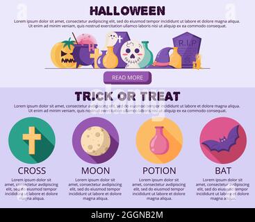 Halloween Web Design Vorlage in einem flachen Stil. Vektor Illustration von Trick or Treat für Website-Banner und Landing Page. Stock Vektor