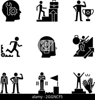 Starke Motivation schwarze Glyphen-Symbole auf weißem Raum gesetzt Stock Vektor