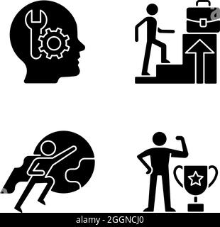 Motivation bei der Arbeit schwarze Glyphen-Symbole auf weißem Raum gesetzt Stock Vektor