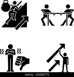 Motivation Komplikationen und Ergebnisse schwarze Glyphen-Symbole auf weißem Raum gesetzt Stock Vektor