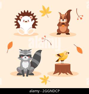 Flache Herbst Tiere Kollektion Vektor-Illustration. Stock Vektor
