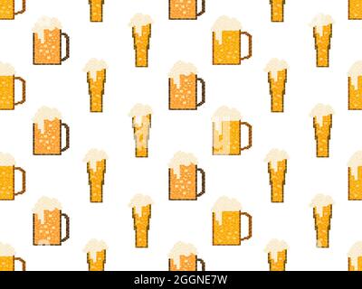 Pixel Bier nahtloses Muster. Glas Bier Pixel Art. 8 Bit Becher, Pixel Getränke. Grafikstil der Videospiele aus den 90er Jahren. Design für Spiele, Verpackung ein Stock Vektor