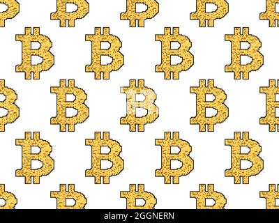 Bitcoin Zeichen nahtlose Muster in Pixel Art Stil. 8-Bit Bitcoin-Zeichen von Pixeln in 2d isoliert auf weißem Hintergrund. Kryptowährung, Blockchain. Vecto Stock Vektor