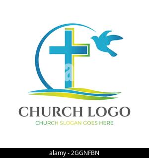 Christian Church Logo Design mit Kreuz und Taube Stock Vektor