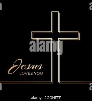 Jesus Loves You Christian elegante Illustration mit Kreuz in Schwarz und Gold Hintergrund Stock Vektor