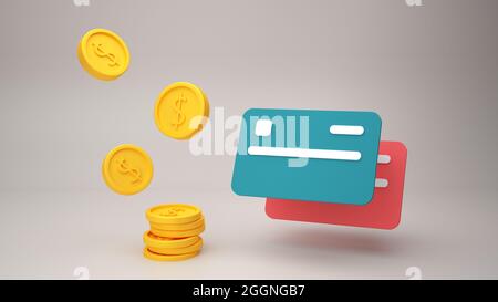 Goldene Münzen Geld und Kreditkarten 3d-Illustration Stockfoto