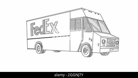 AUCKLAND, NEUSEELAND - 10. Nov 2020: Linienkunst-Illustration des FedEx Lieferwagens, von der Seite aus gesehen, im niedrigen Winkel, im Linienzeichnen-Stil mit Halbto Stockfoto