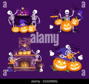 Set von Halloween Kompositionen von Kürbissen und Skeletten Stock Vektor
