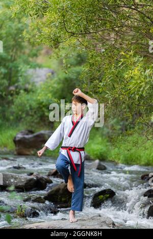 Porträt eines Jungen, der im Freien in einem Wald Gleichgewichtsübungen macht, während er die Kampfkunst übt. Sport- und Disziplinkonzept. Stockfoto