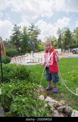 Kleines Mädchen wässert Tomaten und Pfeffer Sämlinge in ihrem Garten mit einem Gartenschlauch. Selektiver Fokus. Stockfoto