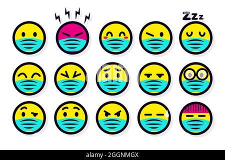 Flaches Design Emoji mit Gesichtsmasken Vektor-Illustration. Stock Vektor