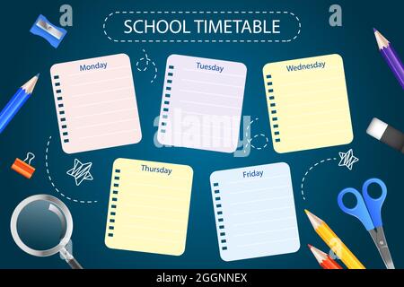 Realistische Zurück zur Schule Stundenplan Vorlage Vektor-Illustration. Stock Vektor