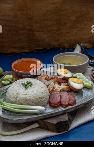 Rotes Schweinefleisch mit Reis (Kao Moo Dang): Rotes Grillpork im thailändischen Stil, Entenei und knuspriger Schweinebauch, geschnittene Gurke mit roter Soße und Brühe. Stockfoto