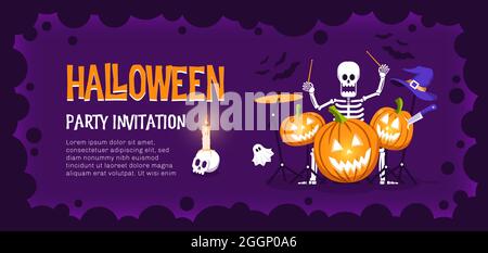 Halloween Party Flyer mit Skelett Schlagzeuger und Kürbisse Stock Vektor