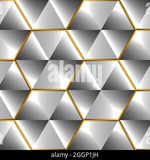 Glänzender silberner Hintergrund mit 3d-Diamanten-Effekt und goldglänzenden Elementen mit Fackeln. Abstrakter sechseckiger Hintergrund aus Metall mit leuchtenden Gradienten. Vektor Stock Vektor