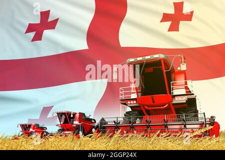 Rotweizen landwirtschaftliche Mähdrescher auf Feld mit Georgia Flagge Hintergrund, Lebensmittelindustrie Konzept - industrielle 3D-Illustration Stockfoto
