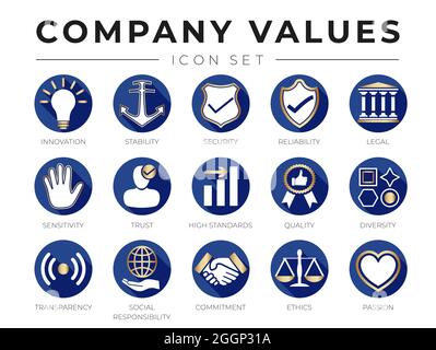 Flat Gold Company – Symbolsatz für die Kernwerte. Innovation, Stabilität, Sicherheit, Zuverlässigkeit, Recht, Sensibilität, Vertrauen, Hoher Standard, Qualität, Vielfalt, Tr Stock Vektor