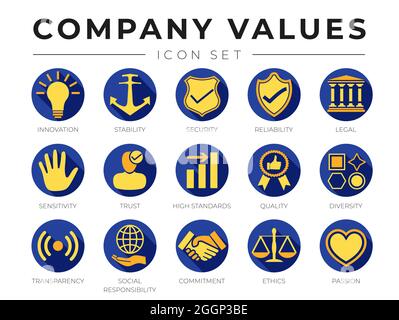 Flat Color Company – Symbolsatz für die Kernwerte des Unternehmens. Innovation, Stabilität, Sicherheit, Zuverlässigkeit, Recht, Sensibilität, Vertrauen, Hoher Standard, Qualität, Vielfalt, T Stock Vektor