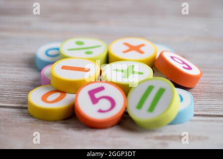 Mathe Zahl bunt auf weißem Hintergrund, Bildung studieren Mathematik Lernen Lehrkonzept. Stockfoto