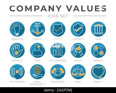 Flacher, Farbenfroher Umriss – Symbolsatz Für Die Unternehmenswerte. Innovation, Stabilität, Sicherheit, Zuverlässigkeit, Recht, Sensibilität, Vertrauen, hoher Standard, Qualität, D Stock Vektor