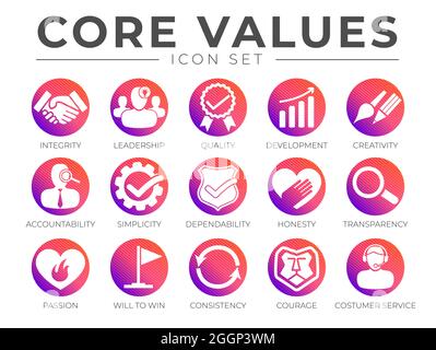 Company Core Values Round Web Icon Set. Integrität, Führung, Qualität und Entwicklung, Kreativität, Verantwortlichkeit, Einfachheit, Zuverlässigkeit, Ehrlichkeit Stock Vektor