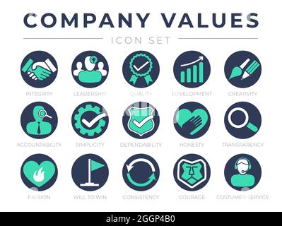 Company Core Values Round Web Icon Set. Integrität, Führung, Qualität und Entwicklung, Kreativität, Verantwortlichkeit, Einfachheit, Zuverlässigkeit, Ehrlichkeit Stock Vektor