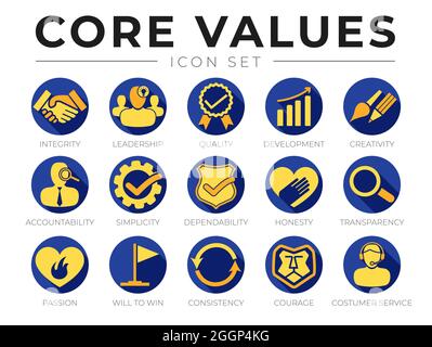 Company Core Values Round Web Icon Set. Integrität, Führung, Qualität und Entwicklung, Kreativität, Verantwortlichkeit, Einfachheit, Zuverlässigkeit, Ehrlichkeit Stock Vektor