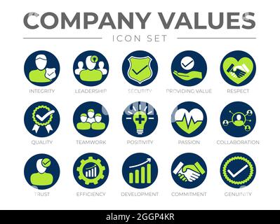 Runden Symbolsatz Für Unternehmenswerte. Integrität, Führung, Sicherheit, Wertschöpfung, Respekt, Qualität, Teamarbeit, Positive Einstellung, Leidenschaft, Zusammenarbeit, Stock Vektor