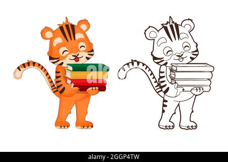 Malbuch: tiger Cub hält ein Buch in der Hand. Vektor, Illustration im Cartoon-Stil, schwarz-weiß lineart Stock Vektor