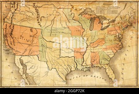 Diese Karte wurde während der jährlichen Botschaft des US-Präsidenten James K. Polk an den Kongress im Dezember 1848 vorgestellt. Er zeigt Polks Vision, wie das neue Gebiet, das durch den Vertrag von Guadalupe-Hidalgo am Ende des mexikanisch-amerikanischen Krieges erworben wurde, aufgeteilt werden kann. Mexiko hat 55 Prozent seines Territoriums abgetreten, darunter Teile des heutigen Arizona, Kalifornien, New Mexico, Texas, Colorado, Nevada und Utah in die Vereinigten Staaten. Stockfoto