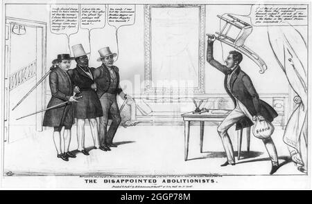 David Ruggles (1810-1849) war ein afroamerikanischer Abolitionist in New York, der flüchtigen Sklaven, darunter Frederick Douglass, half, freie Staaten zu erreichen. Er war Drucker und Journalist in New York City im Jahr 1830s und eröffnete die erste schwarze Buchhandlung in den Vereinigten Staaten. Dieses Bild trägt den Titel die enttäuschten Abolitionisten. Lithographie von Edward Williams Clay (1799-1857), um 1838. David Ruggles ist auf der linken Seite zu sehen. Stockfoto