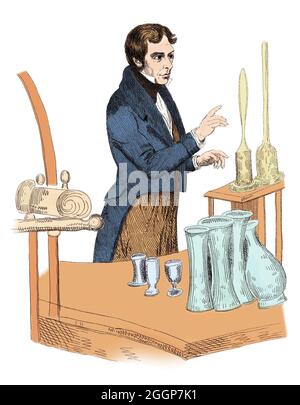 Michael Faraday (1791-1867) war ein englischer Chemiker und Physiker, der zu den Bereichen Elektromagnetismus und Elektrochemie beitrug. Stockfoto