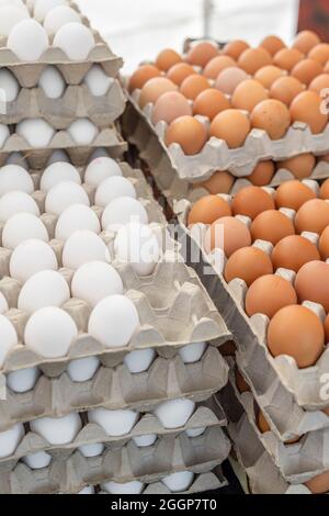 Kartons mit frischen Bauerneiern übereinander gestapelt. Stockfoto