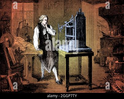 Kolorierte historische Illustration von James Watt (30. Januar 1736 - 25. August 1819), schottischem Erfinder und Maschinenbauingenieur. Stockfoto