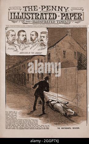 Cover des Penny Illustrated Paper (8. September 1888), das zeigt, wie ein Polizist den Leichnam von Mary Ann Nichols findet, einem Opfer des Serienmörders Jack the Ripper, der in dieser Zeit im Stadtteil Whitechapel im East End von London aktiv war. Stockfoto