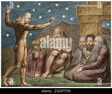 „The Wrath of Elihu“ aus William Blakes „Illustrations of the Book of Hiob“, einer Serie von Stichen, die 1825 veröffentlicht wurden. Stockfoto