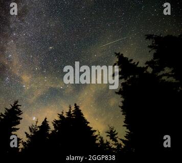 Bei dieser 30-Sekunden-Aufnahme streift ein Meteor während des jährlichen Perseid-Meteorschauers am 11. August 2021 in Spruce Knob, West Virginia, über den Himmel. Stockfoto