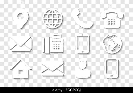 Weißes Kontaktinfo-Symbol mit Schatten für die Symbole „Standort-PIN“, „Telefon“, „Fax“, „Mobiltelefon“, „Person“ und „E-Mail“. Stock Vektor