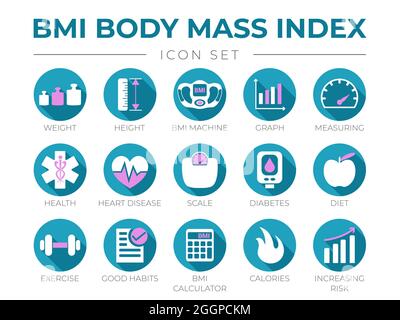 BMI Body Mass Index Rundes Symbol Satz von Gewicht, Größe, BMI-Gerät, Diagramm, Messen, Gesundheit, Herzkrankheit, Skala, Diabetes, Diät, Übung, Gewohnheiten, B Stock Vektor