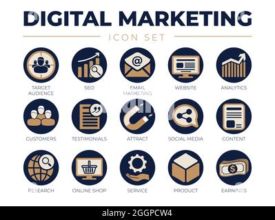 Elegantes Digital Marketing Icon Set. Zielgruppe, SEO, E-Mail-Marketing, Website, Analysen, Kunden, Erfahrungsberichte, Anziehen, Social Media, Inhalte Stock Vektor